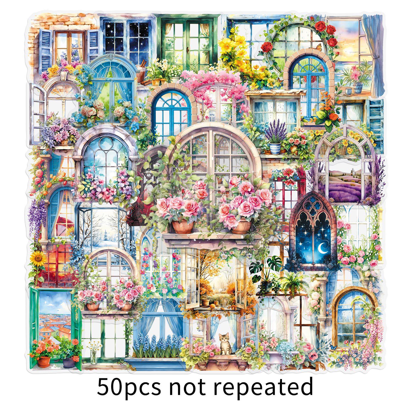 50 прозрачных цветочных наклеек на окно: Декоративные, Уютные Наклейки для Блокнотов, Бутылок для Воды, Камер, Чемоданов