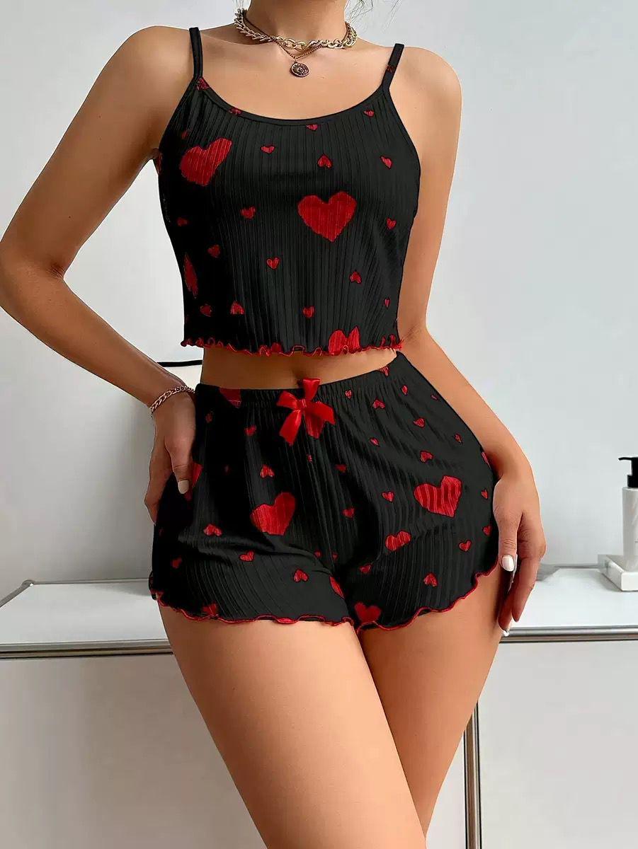 

2024 Sweet Heart Print Ribbed Knit Camisole & Shorts Pajama Set Large
