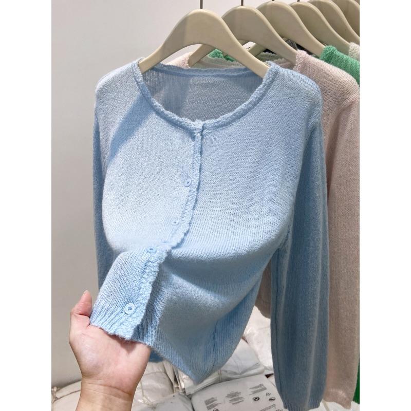 Soft waxy lace knitted cardigan women's apple green white long-sleeved top spring new casual lazy coat