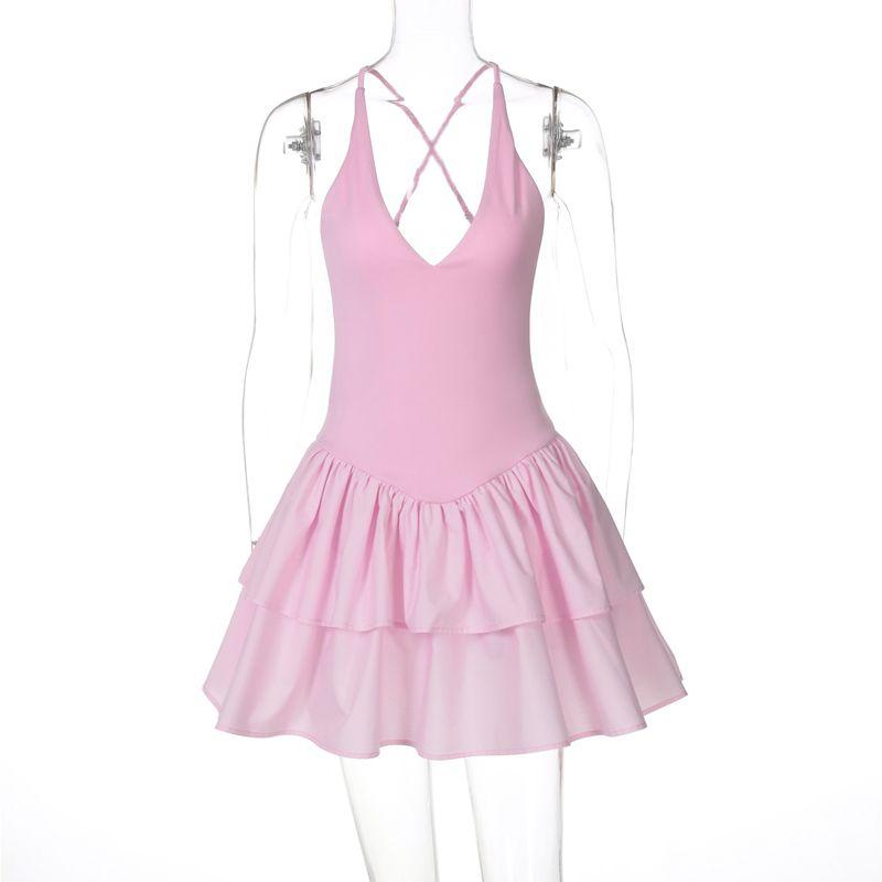 

Shemoda Sexy Deep V-neck Lace up Open Back Sling Dress Women s Silm High Waist A- line Pettiskirt Skirt Pink S