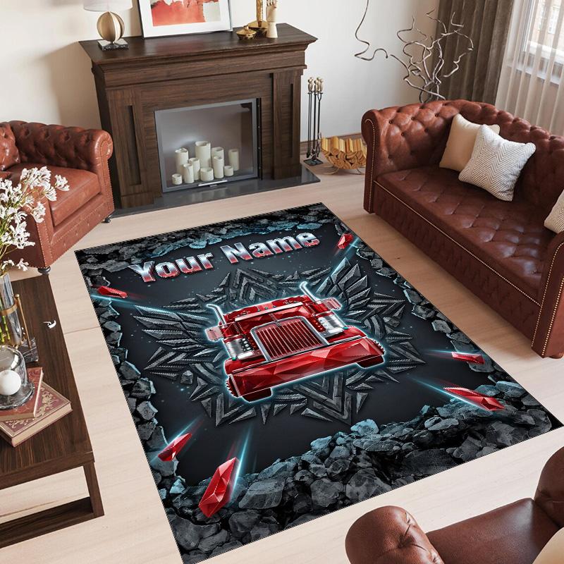 Truck Theme Crystal Velvet Floor Rug Personalized Custom Name Text Warm Carpet Home Decoration