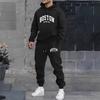 Herren Boston Print Kapuzenpullover mit langen Ärmeln und Jogginghosen Set, Lässige Trendige Sportbekleidung