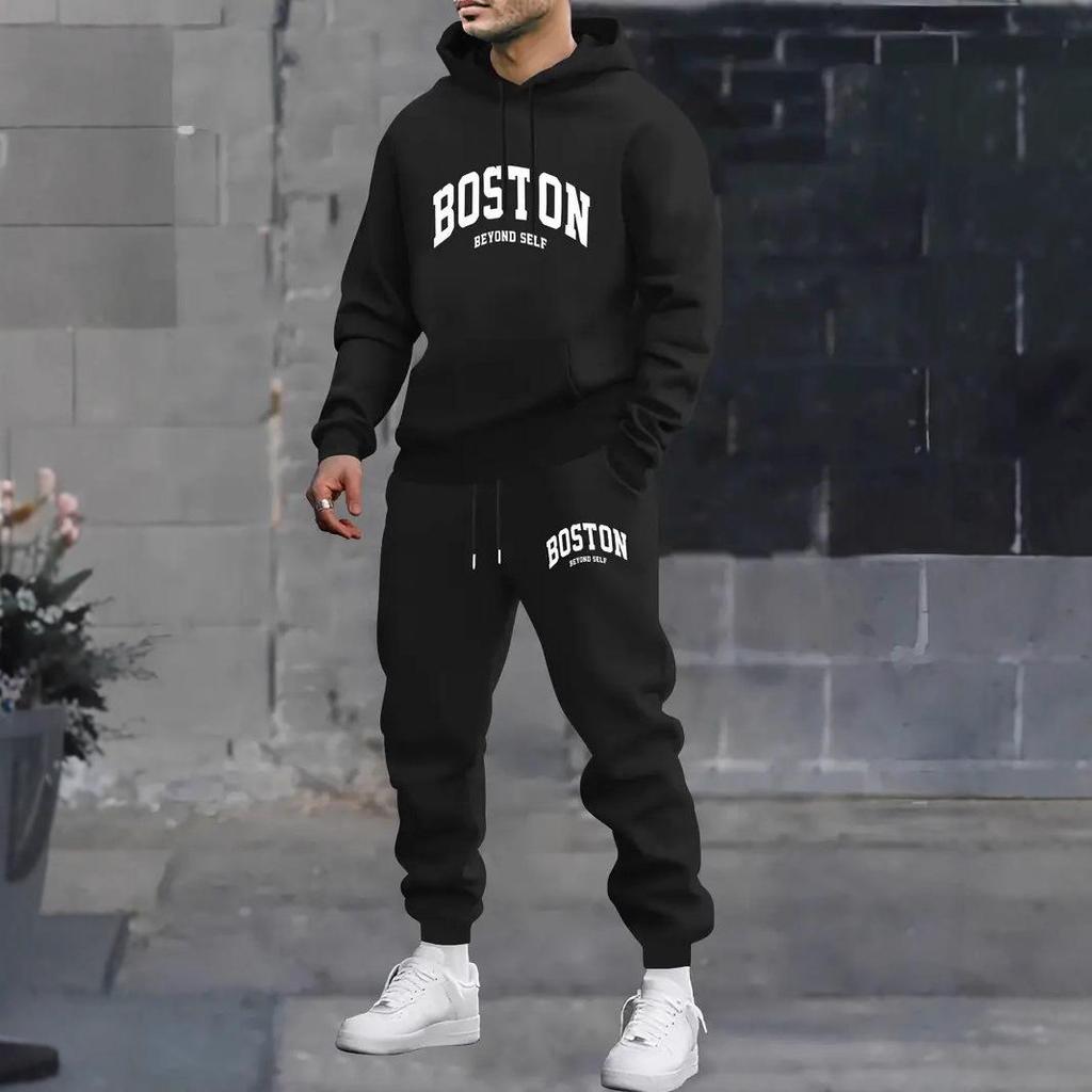 Herren Boston Print Kapuzenpullover mit langen Ärmeln und Jogginghosen Set, Lässige Trendige Sportbekleidung