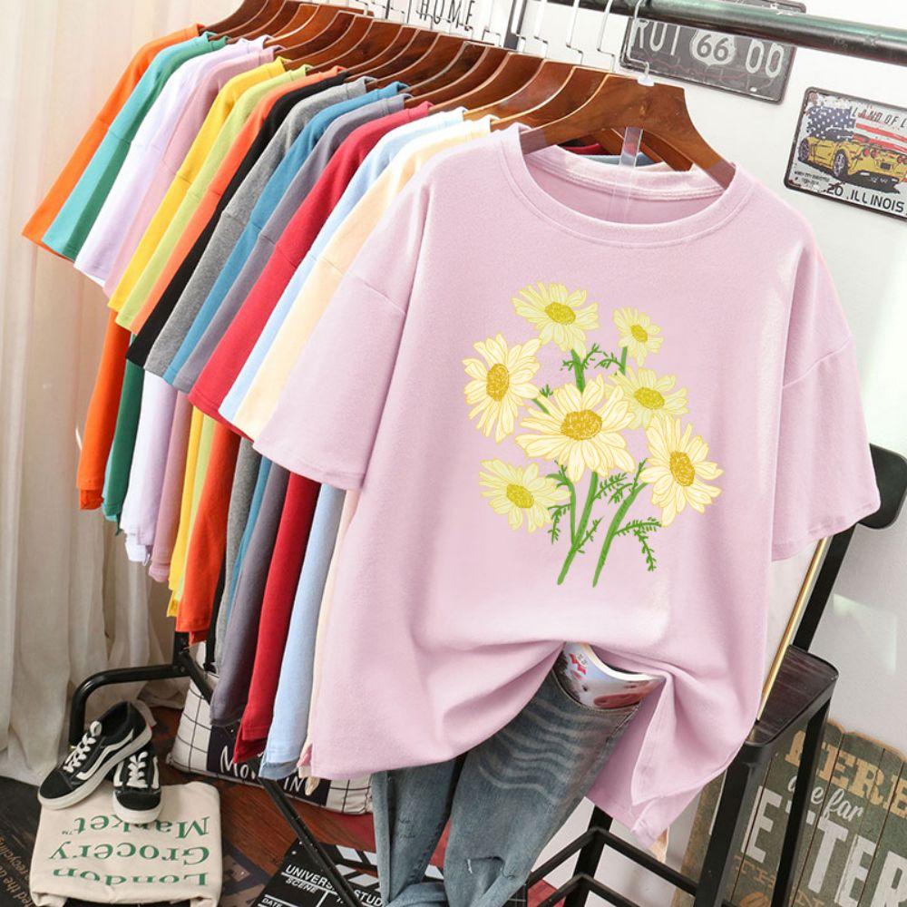 Street Baumwolle Damen T-Shirts Frisch Harajuku Gelbe Chrysanthemenblumen Drucke Oberteile Locker Rundhals Weiche T-Shirts Damenbekleidung