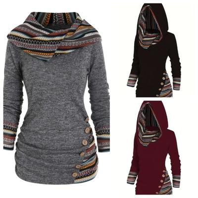 Women's Hoodie Tops Tribal Geometric Stripe Panel Hooded Knit Top Long Sleeve Mock Button Knitted Top