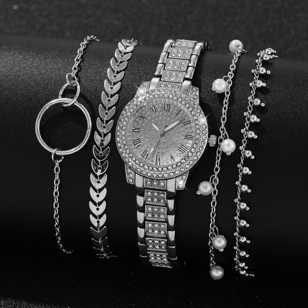Женский Набор Часов, Стальной Браслет Полностью из Алмазов, Высококлассные Кварцевые Часы Темперамент, Деловой Повседневный Часы Оптом
