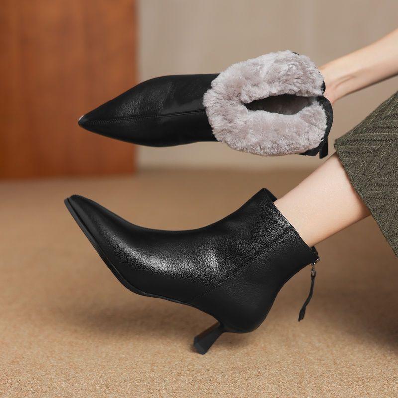 Winter High Heels Women's Leather Pointed Toe Stiletto Short Boots Temperament Brown Lamb Wool Snow Boots Women's Boots