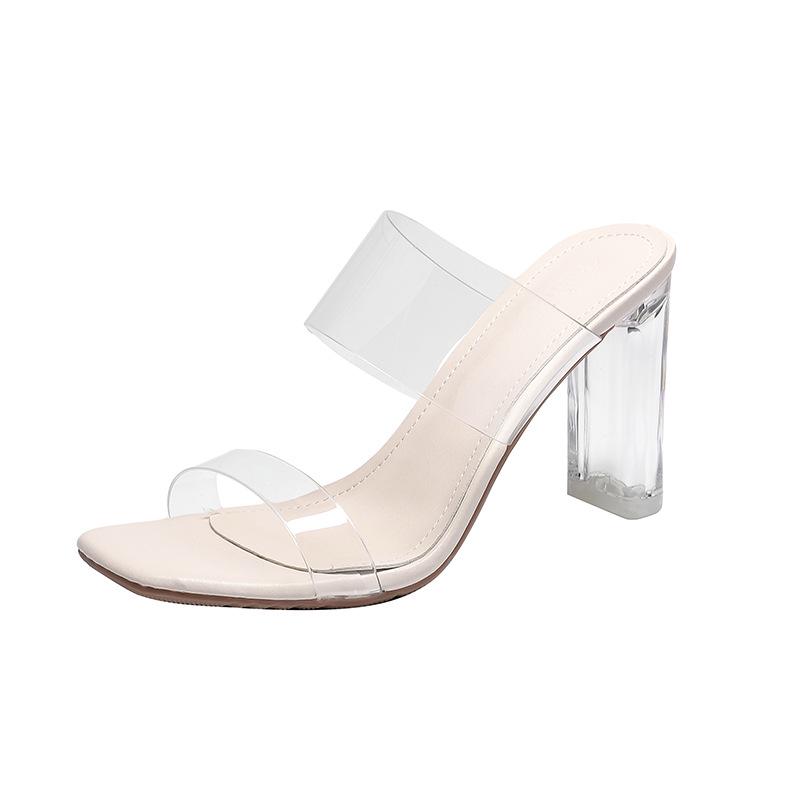 

2025 Women s Genuine Leather Sheepskin One-Strap Transparent High Heel Sandals with Chunky Crystal Heel Size 35