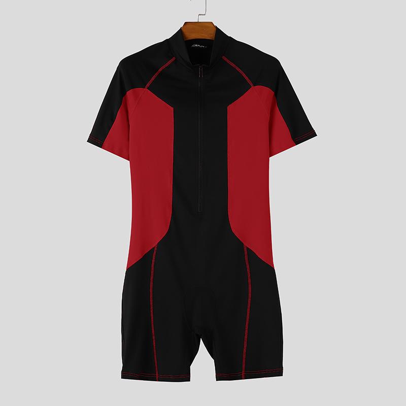 INCERUN Men Short Sleeve Zip-up Stitching Biking Sports Gym Jumpsuits Fitted Rompers Underwear