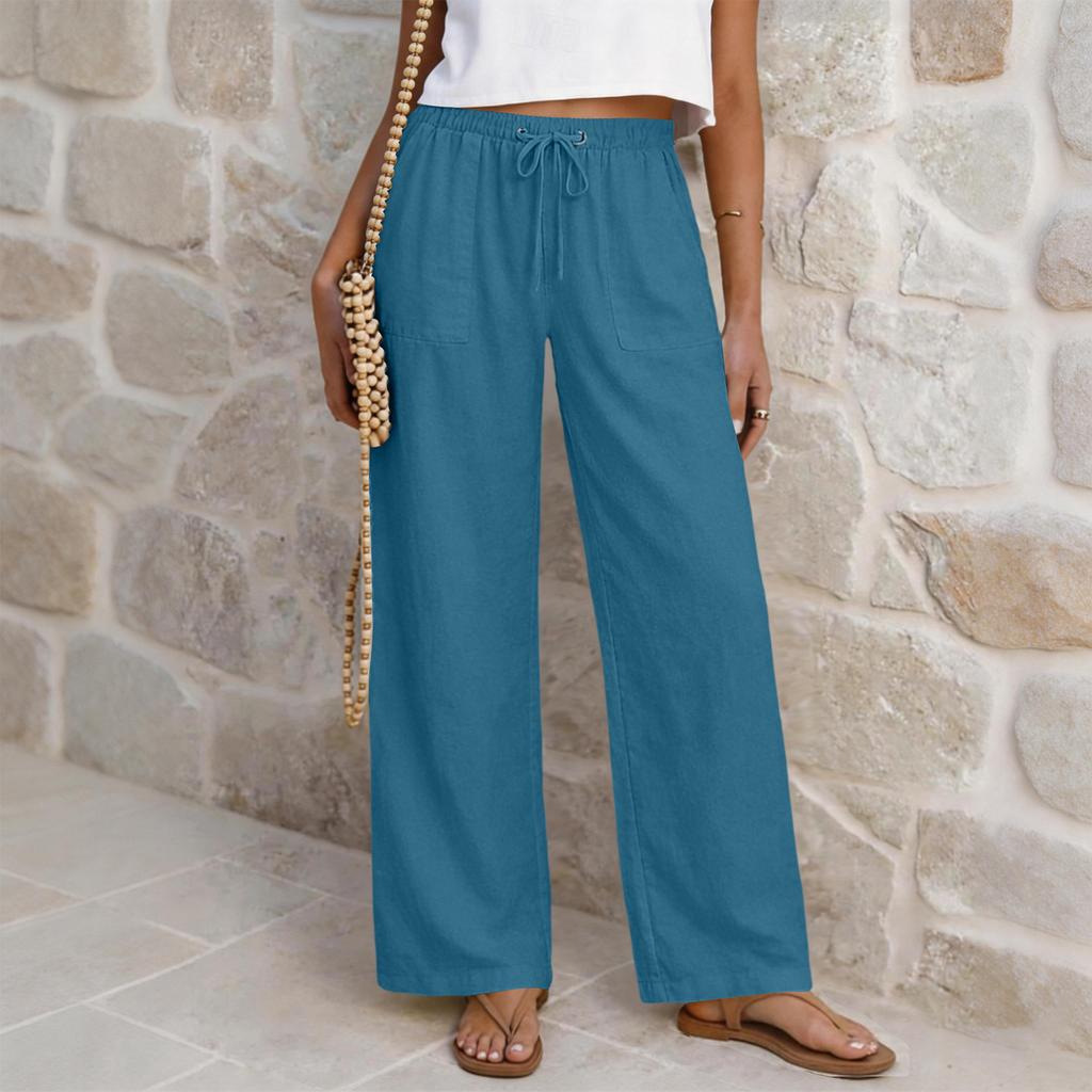 Women’s Casual High Waist Drawstring Straight Leg Wide Leg Pants Relaxed Fit Trousers with Pockets for Daily Wear