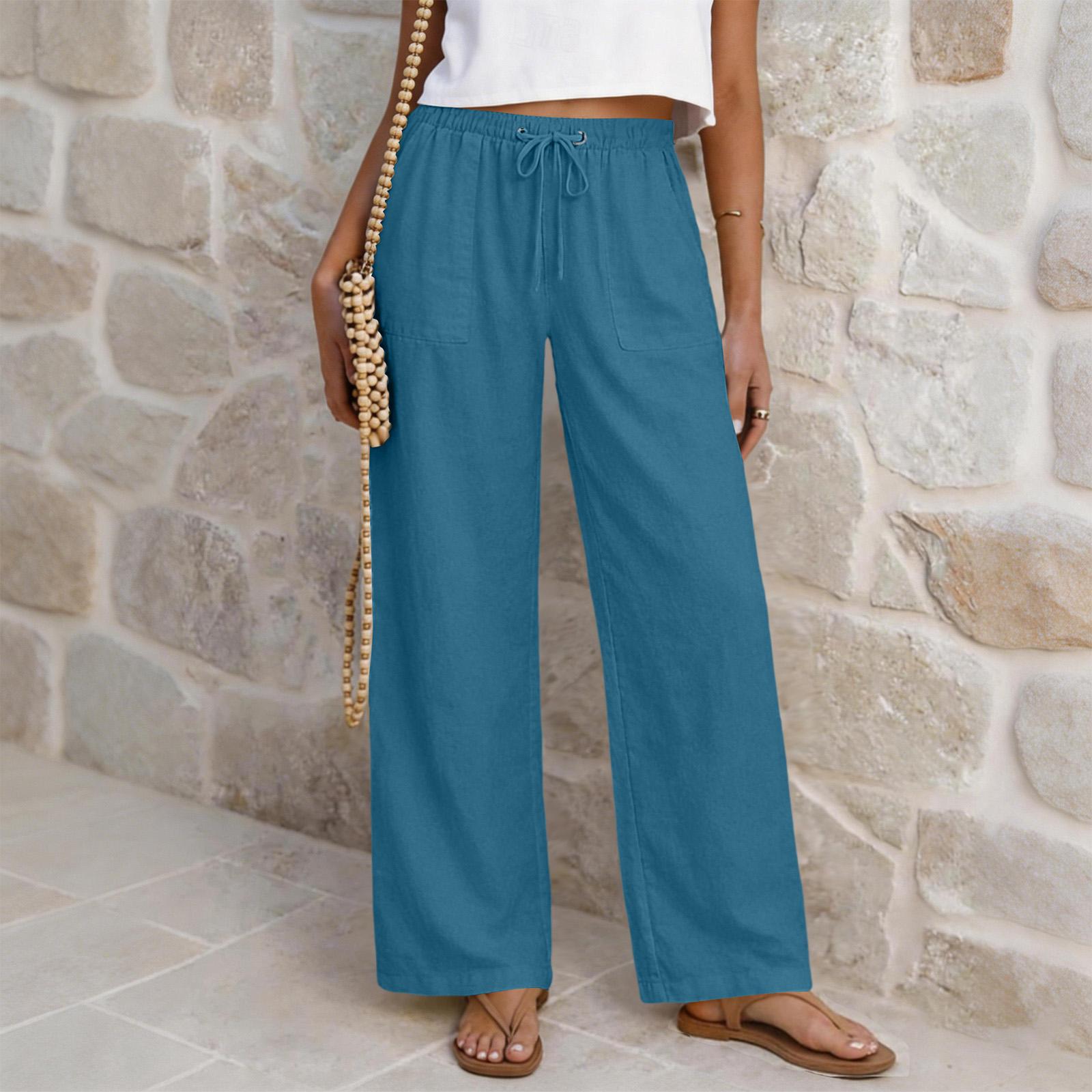 

Women s Casual Drawstring Waist High Waist Wide Leg Pants Loose Fit Straight Leg Trousers Lightweight Comfortable Everyday Wear M