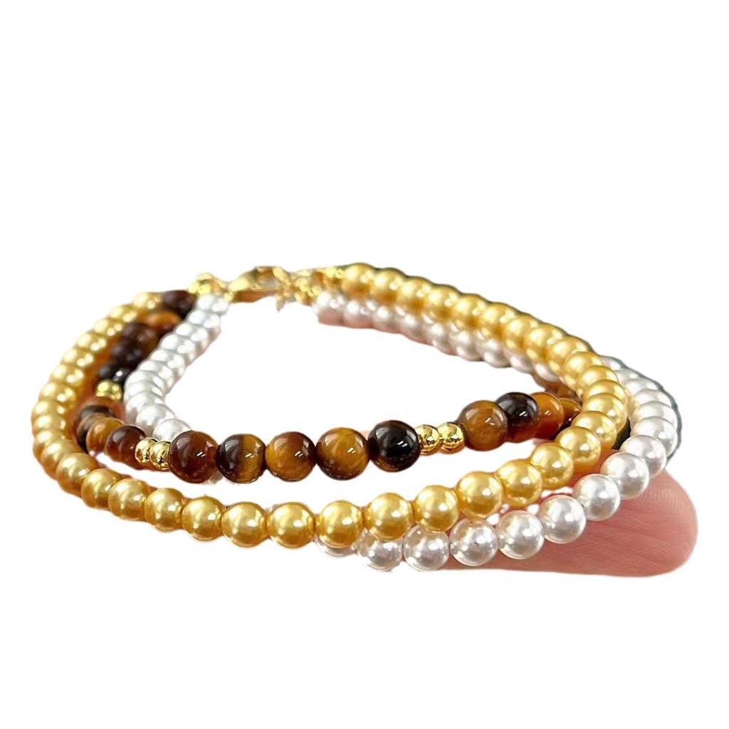 High Quality Maillard Style Natural Tiger'S Eye Stone Artificial High-Gloss Pearl Multi-Layer Bracelet Bracelet.