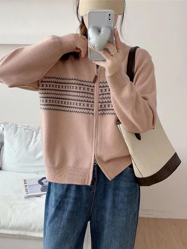 Autumn and Winter New Retro Zipper Loose Knitted Cardigan Top Lazy Style Casual Sweater Jacket Women