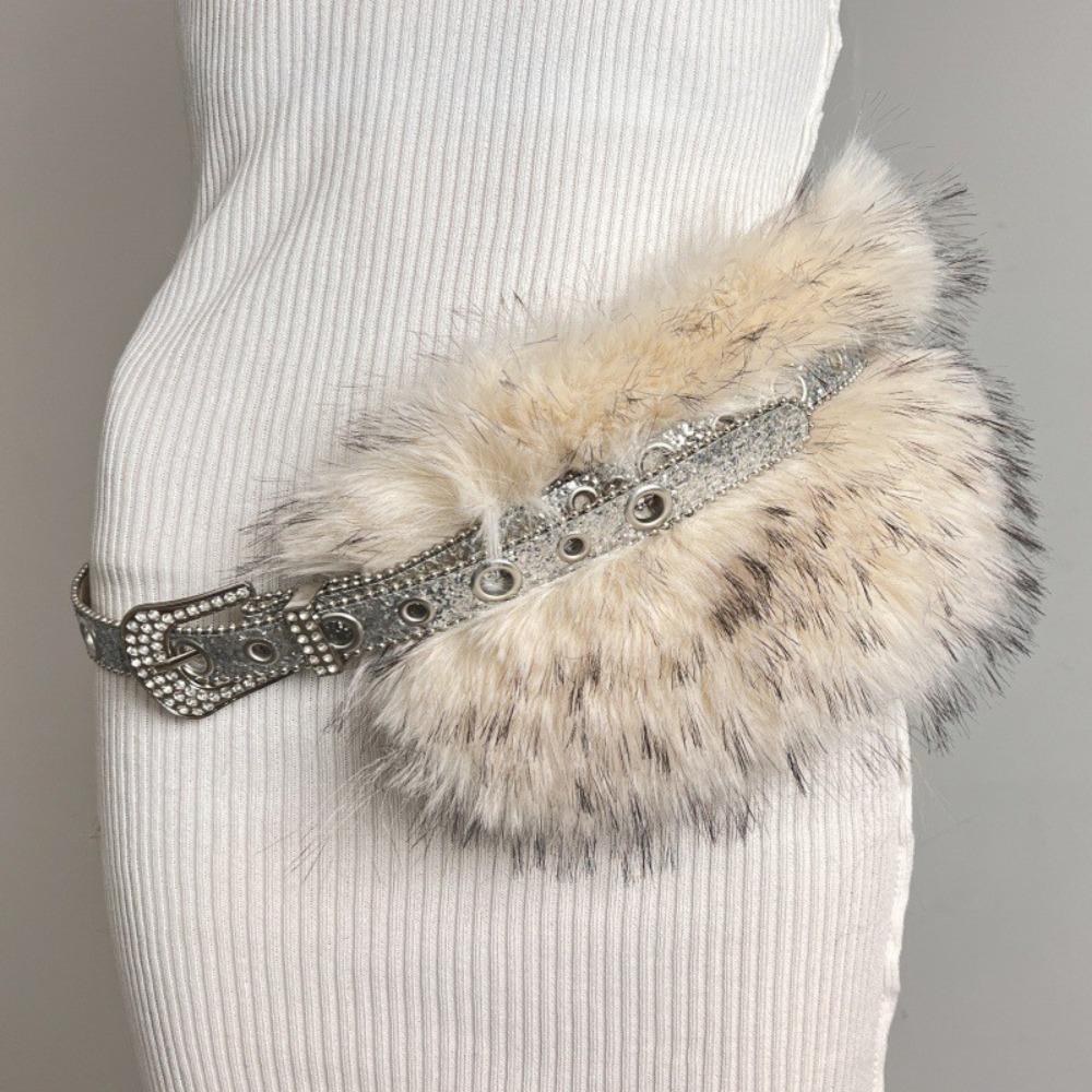 Spicy Girl Style Leather Fur Belt Rhinestone Plush Waist Belt Furry Waistband  Female/Girls