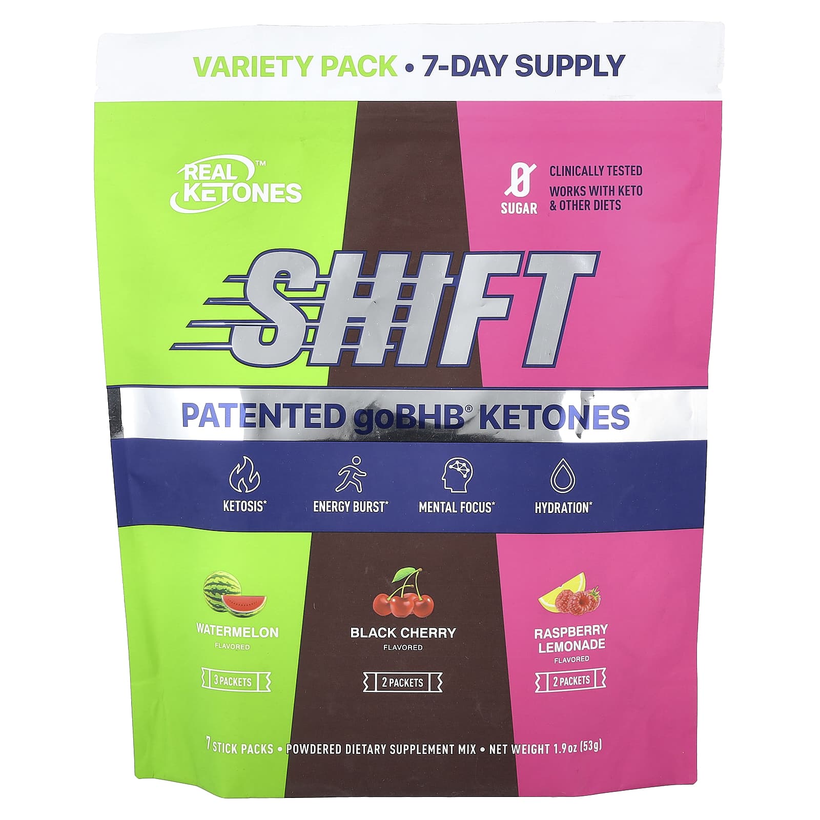 

Real Ketones, Shift, Variety Pack, Watermelon, Black Cherry, Raspberry Lemonade, 7 Stick Packs, 53g (1.9oz)