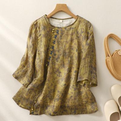 Floral Seven Quarter Sleeve Blouse Top for Summer Loose Fit Multi Colored Heavy-duty T-shirt for Women