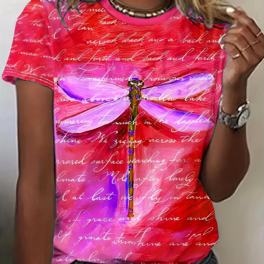 

Женская футболка с принтом розовой стрекозы, топ с круглым вырезом 7XL