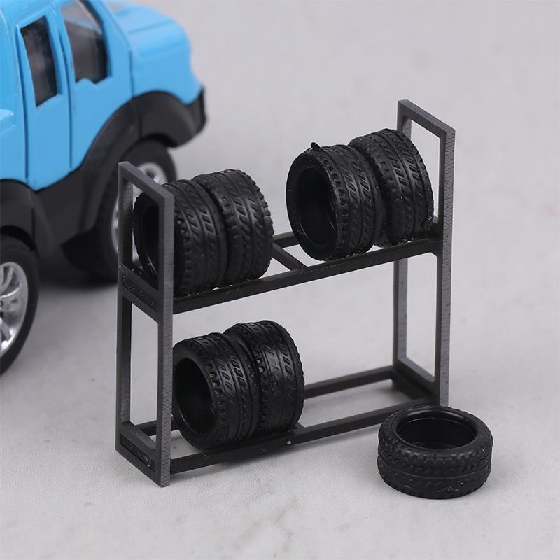 1:64 Scale Tire Rack Display Holder & 7Pcs Tires, Model Car Garage Scene Accessory, Repair Shop Tool Set, Miniature Prop