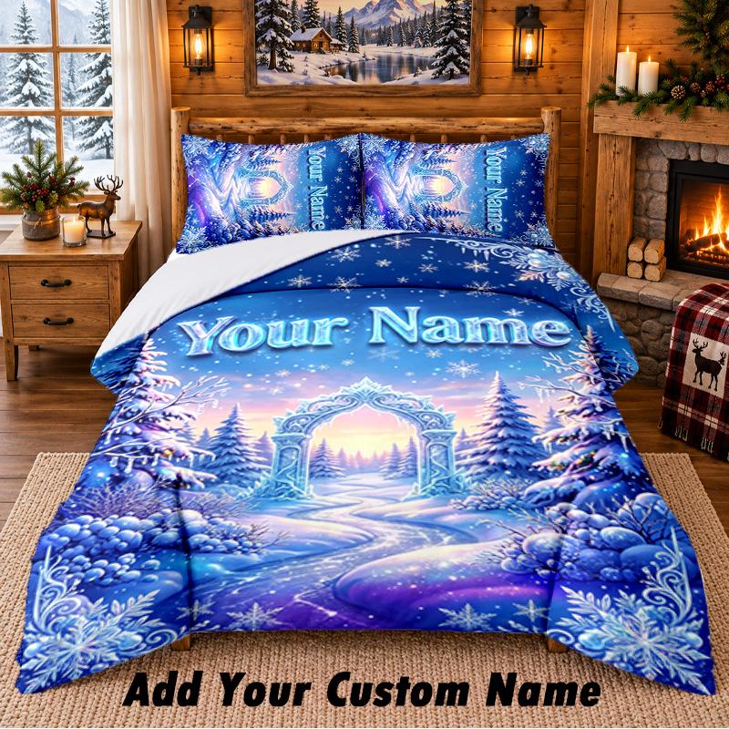 Christmas Custom Name Pattern Bedding 3Pcs Set Bed Sheet Pillowcases Indoor Bedroom Holiday Gift