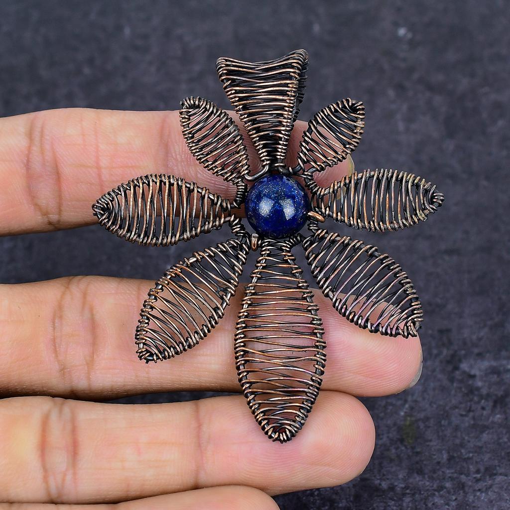 Lapis Lazuli Gemstone Copper Wire Wrap Jewelry Pendant 2.56"