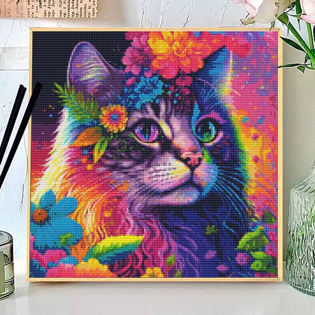 DIY Diamond Painting Cat with Flowers Cross Stitch Kit Mosaic Art Diamond Painting Full Circle Diamond Home Decoration