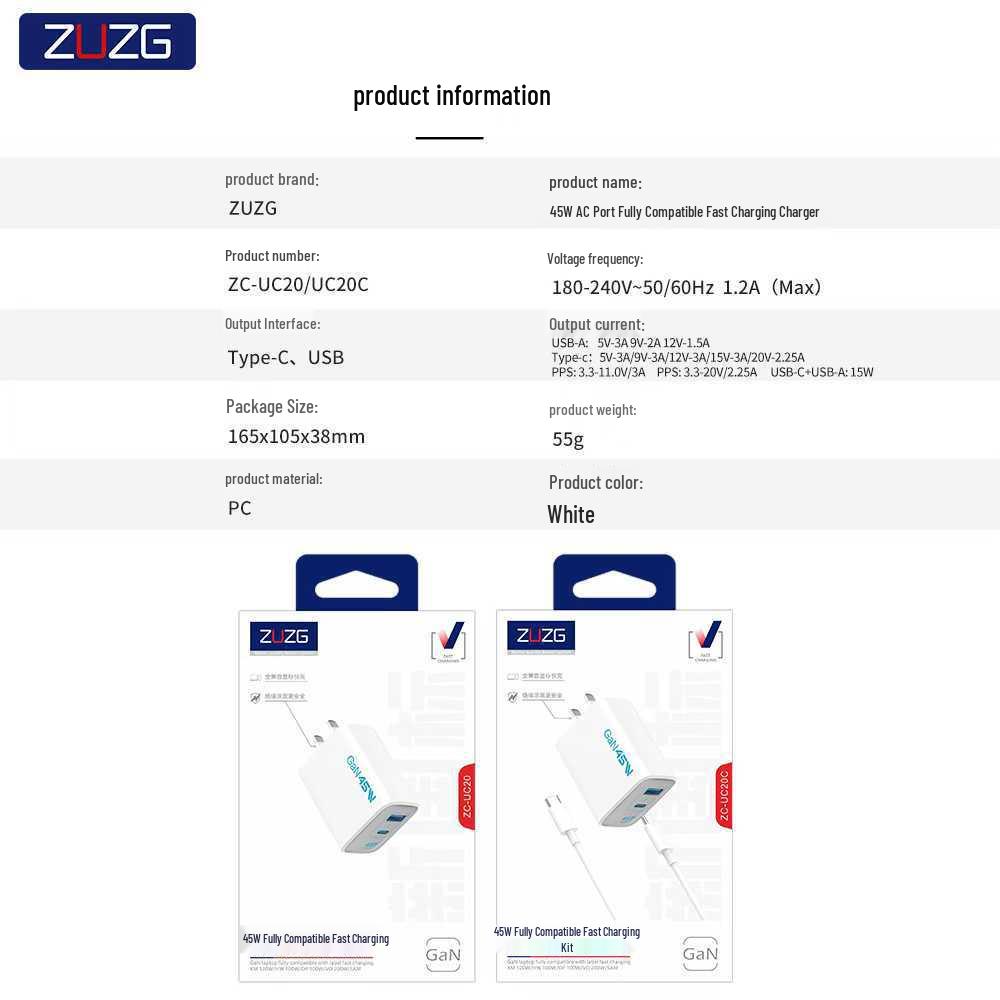 ZUZG 45W GaN Charger for 65W Huawei & Apple, Dual Port PD Fast Charging Adapter.