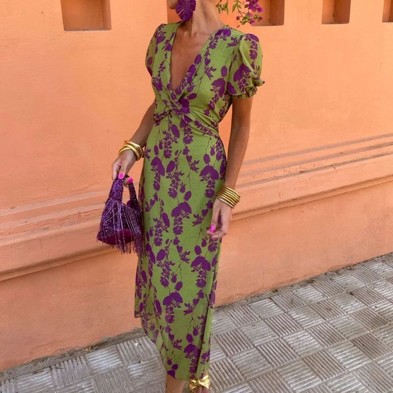 2025 Spring New Women clothes European and American Fashion Socialite Style Temperament Waist Hugging V-neck Short sleeve Print Mid-Length Dress