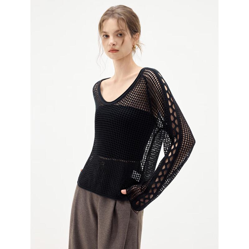 ELLE Women's Hollow-out Crew Neck Knit Top