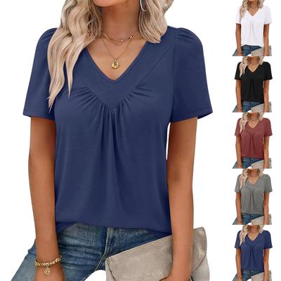 Women Casual V Neck Short Sleeve Blouse Puff Sleeve Solid Color Pleated Front Relaxed Fit Top for Everyday Wear