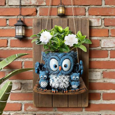 Yousheng Flowerpot Blue Owl Resin Ceramic Hanging Planter with Detailed Texture Weather-Resistant Indoor Outdoor Decorative Plant Holder