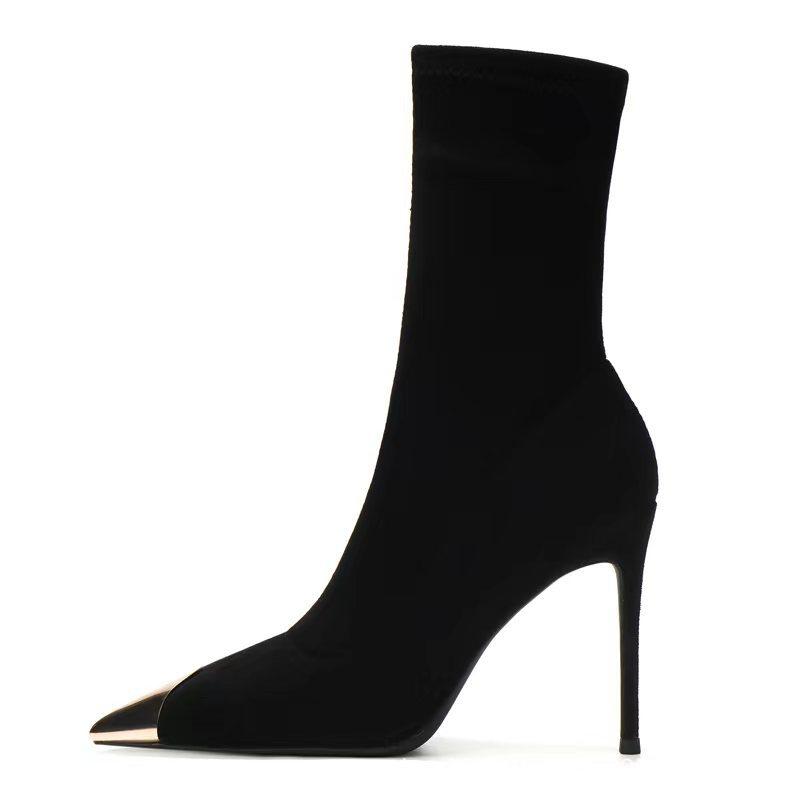 [Spot] Black pointed thin heel high heel short boots women's autumn and winter new elastic thin boots medium tube socks boots single boots