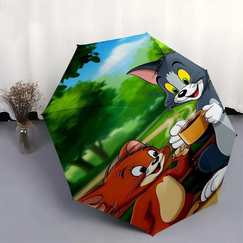 1pc Tom and Jerry Automatic Folding Umbrella - Compact 8-Rib Design, Durable Plastic & Iron1329L