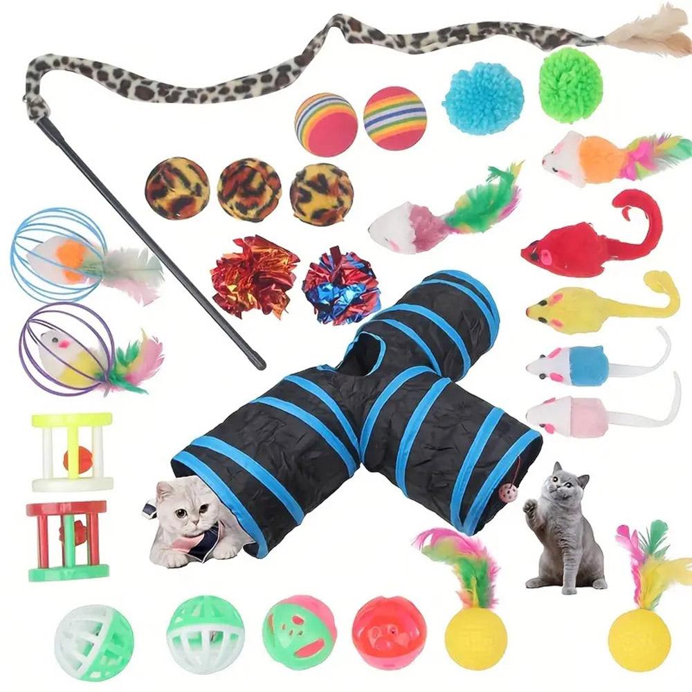 

27Pcs/Set Cat Toys Set with T-Shaped Black Tunnel Interactive Cat Toy Feather Fish Mouse Crinkle Balls Type A