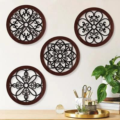 4pcs Large Rustic Wooden Wall Art - Thick, Hollow Carved, Round, Distressed Finish, Farmhouse Decor for Living Room, Bedroom