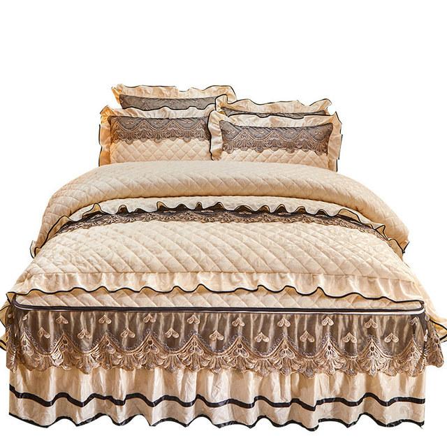 Quilted Velvet Duvet Cover Set Double Bed 220x240 King Size Embroidery Lace Luxury Quilt Cover Solid 2 Pillowcases Soft