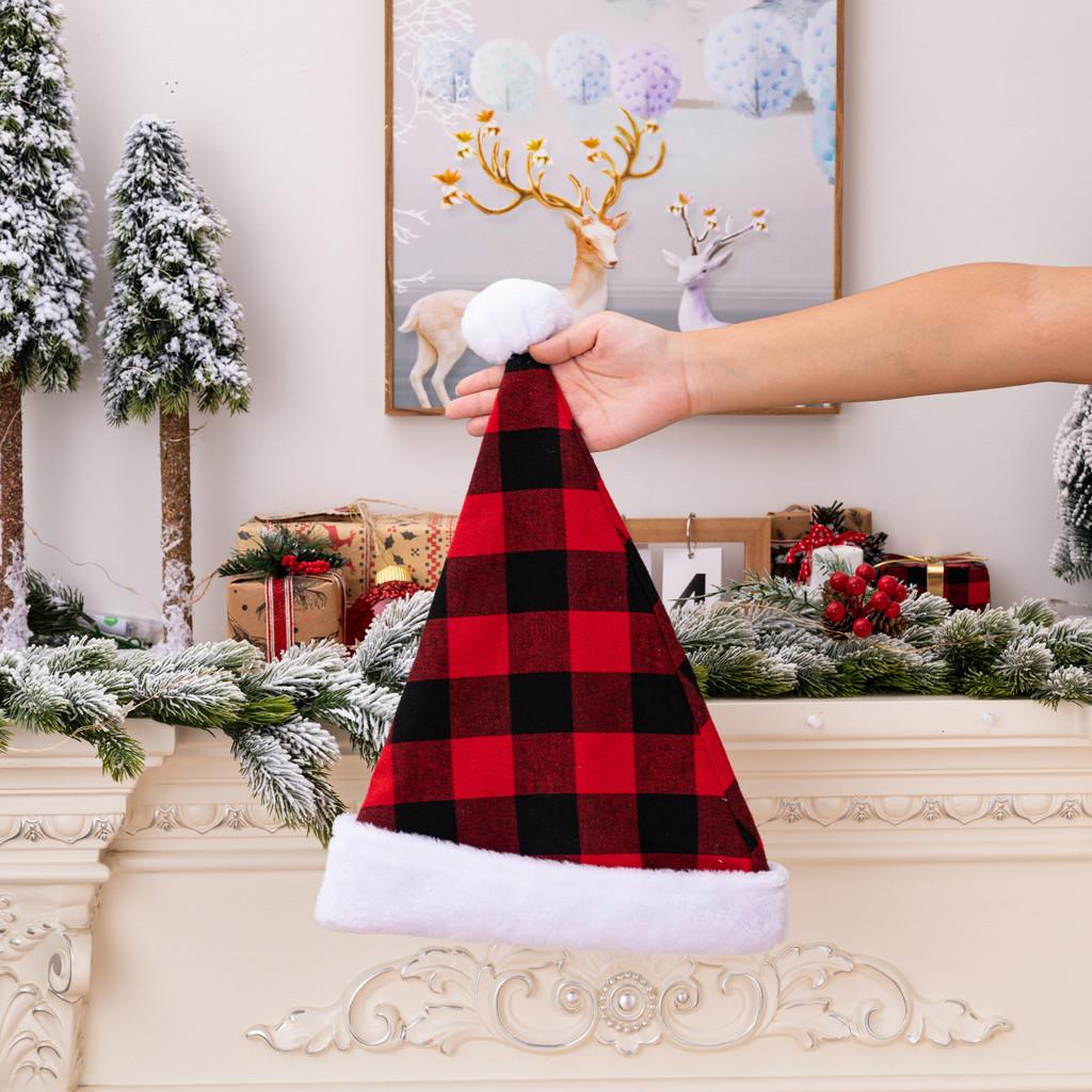 Warm Red Black Check Christmas Hat With Soft Fur Trim For A Modern Celebration Festive
