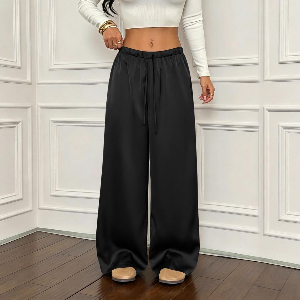 Women's High Waist Wide Leg Pants Loose Fit Casual Trousers Lightweight Flowing Fabric Elastic Waistband with Drawstring