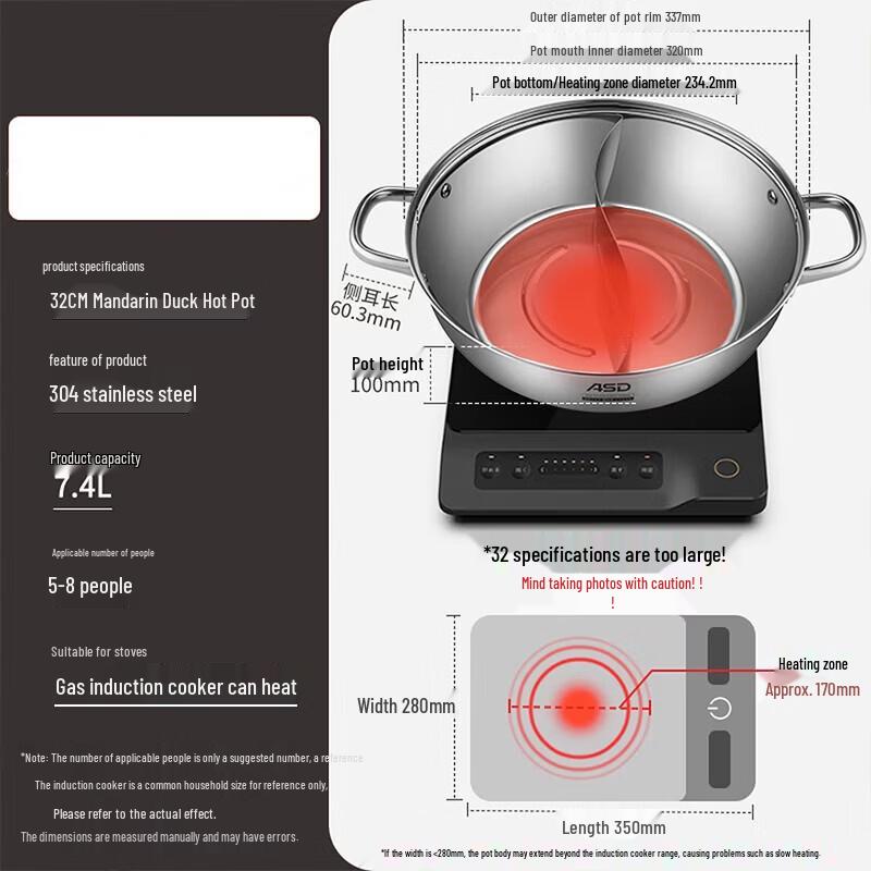 ASD 32CM 304 Stainless Steel Split Hot Pot