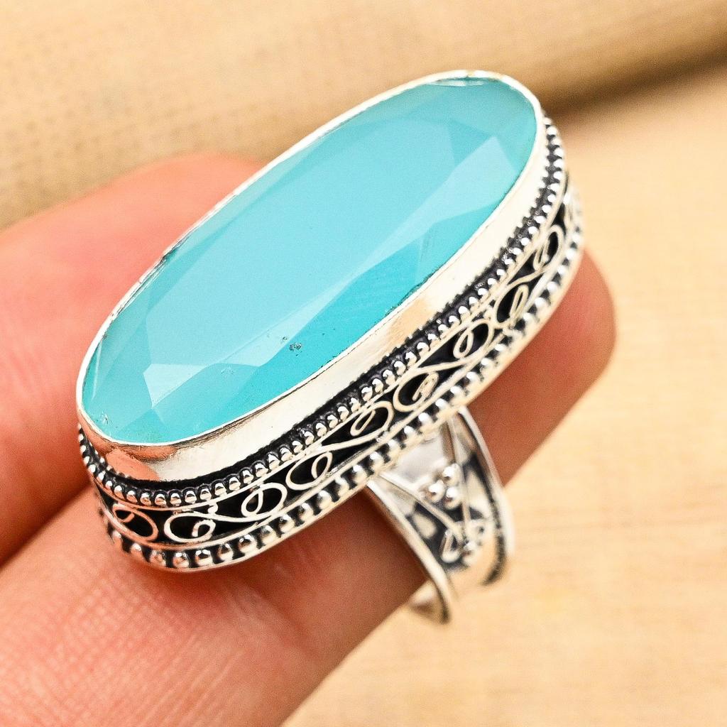 Blue Chalcedony Gemstone 925 Sterling Silver Handmade Antique Jewelry Gift For Mother