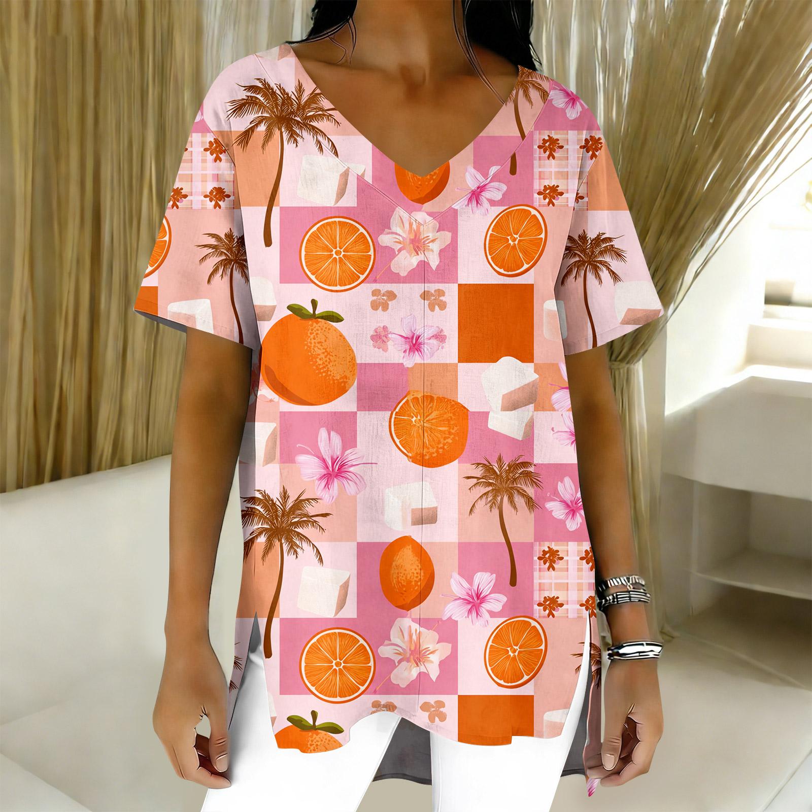 

Женская мода повседневный короткий рукав цветочный принт топ XXL оранжевый