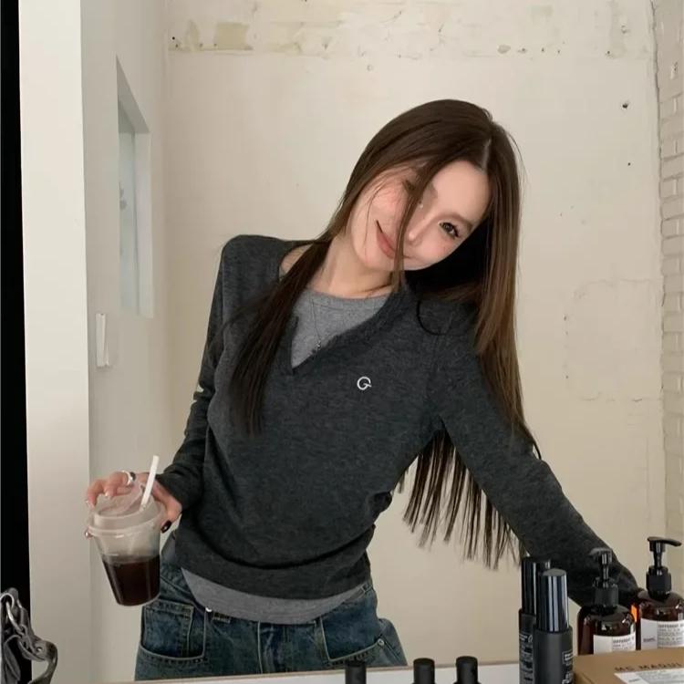 Long Sleeves Korean Fashion Style O-neck Tshirt for Women Fake Two Items T-shirts Ladies Top Tee Clothes