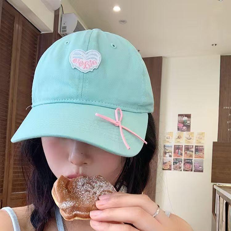 Mint Mambo Love Bow Cap Women'S Wide Brim Summer Face Small Sunscreen Shade Green Baseball Hat