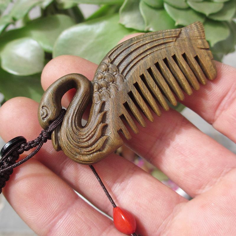 Engraved Green Sandalwood Comb - Black Gold Carved Design, Gift Box Included