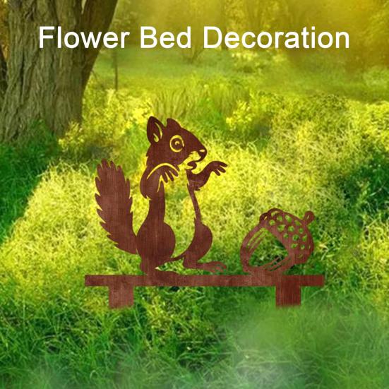 Garden Landscape Ornament Rusty Metal Squirrel with Acorn Stake, Cute Animal Silhouette Sculpture, Decor Decorative Outside Yard Art for Patio