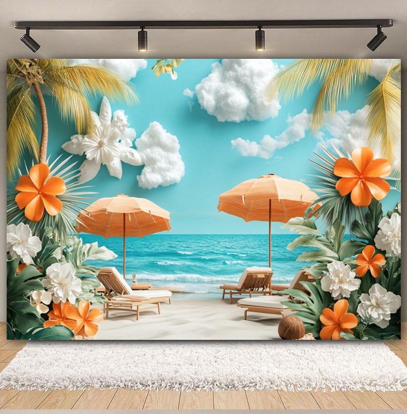 Summer Beach Backdrop Hawaii Tropical Seaside Sunshine Blue Sky Palm Tree Baby Birthday Holiday Party Photography Background