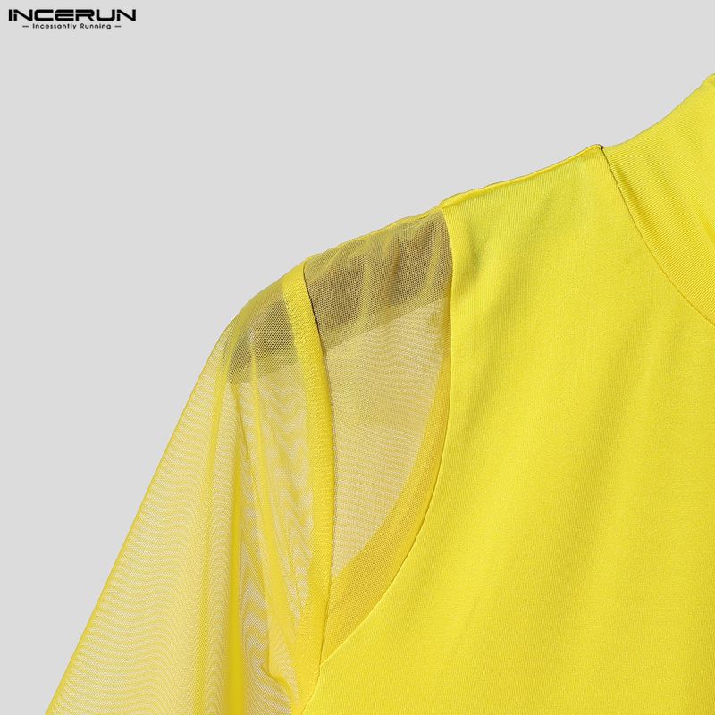 INCERUN Men's Sexy Short Sleeve Turtleneck Slim Fit See Through Mesh T-Shirt Muscle Tops Party Clubwear