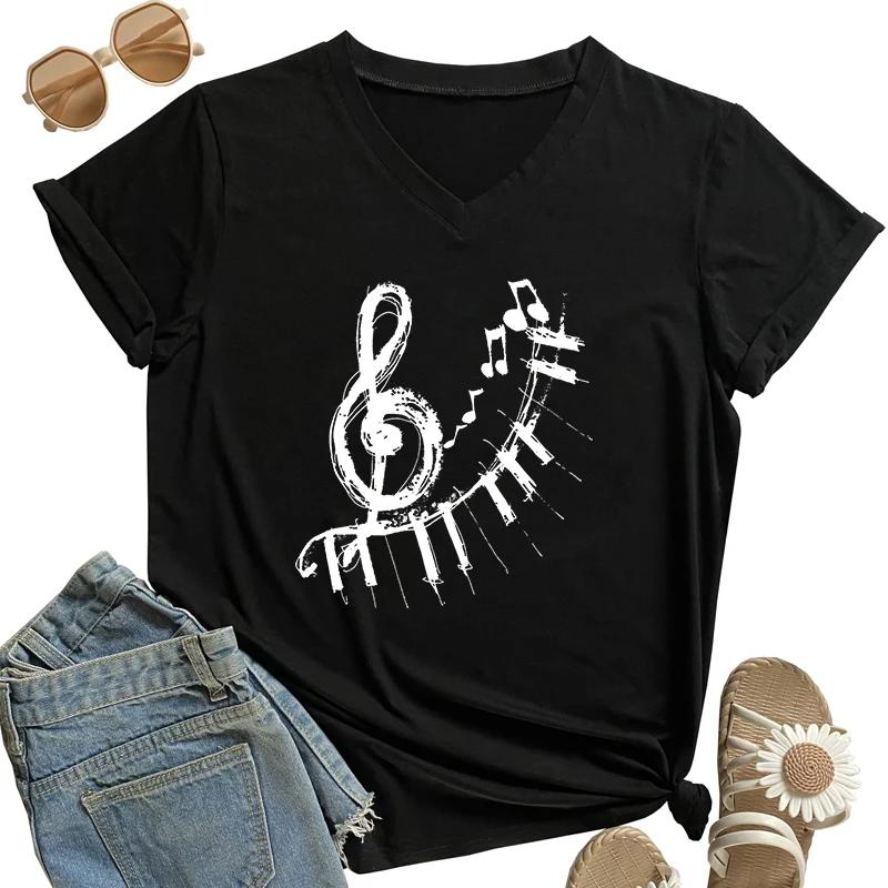 Piano Keys Graphic T Shirts Musical Note Print Tees Music Lovers T Shirt Vneck Women Clothing Harajuku Tee Shirt Y2k Top FeUnisex