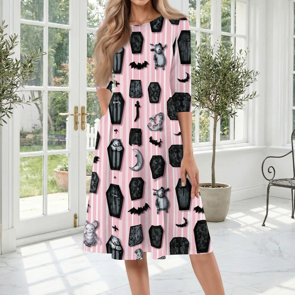 Women's Casual Midi Dress Halloween Print Round Neck Three Quarter Sleeve Mid-Length Dress Comfortable Fit