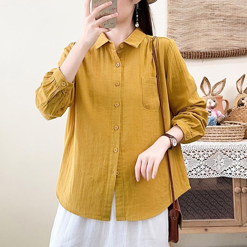 New spring and autumn pure cotton double-layer cotton yarn long-sleeved shirt women's loose and thin temperament casual literary and retro style shirt