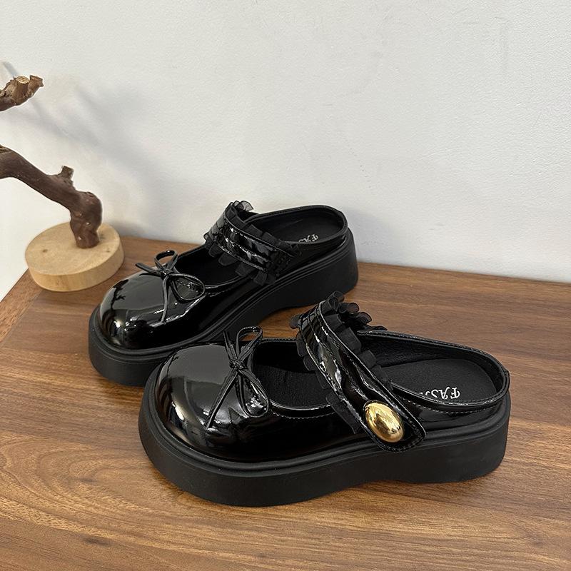 

Fashion versatile platform small leather shoes women s new summer bow with skirt round head half drag 35